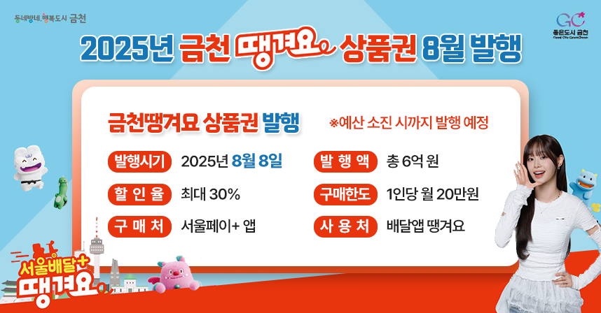 ○ 상품권 발행- 명칭: 금천땡겨요상품권 발행- 발행시기: 2025년 8월 8일- 발행액:  총 6억 원- 할인율: 최대 30%
- 구매한도: 1인당 월 20만원- 구매처: 서울페이+ 앱
- 사용처: 배달앱 땡겨요