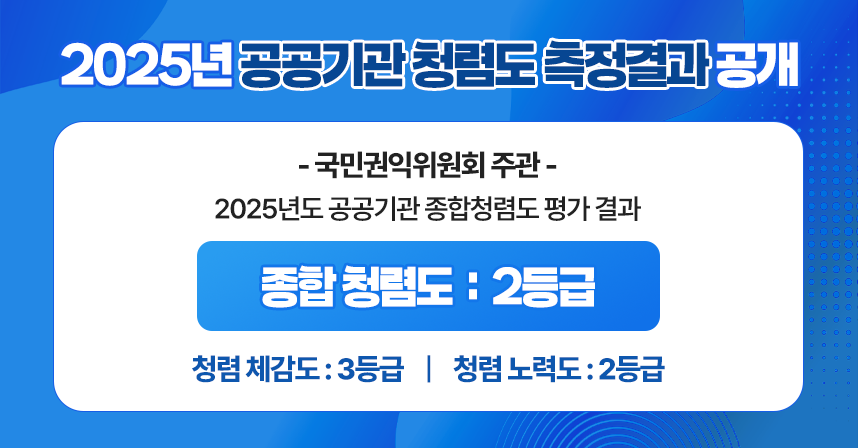 - 국민권익위원회 주관 - 
 2025년도 공공기관 종합청렴도 평가 결과 
 ○ 종합 청렴도 : 2등급
 ○ 청렴 체감도 : 3등급
 ○ 청렴 노력도 : 2등급