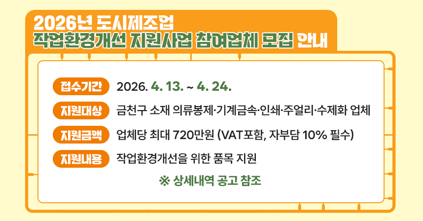 □ 접수기간 : 2026. 4. 13. ~ 4. 24.
□ 지원대상 : 금천구 소재 의류봉제·기계금속·인쇄·주얼리·수제화 업체
□ 지원금액 : 업체당 최대 720만원 (VAT포함, 자부담 10% 필수)
□ 지원내용 : 작업환경개선을 위한 품목 지원
  ※ 상세내역 공고 참조