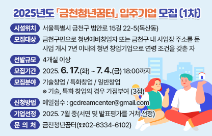 2025년도 「금천청년꿈터」 입주기업 모집 (1차)