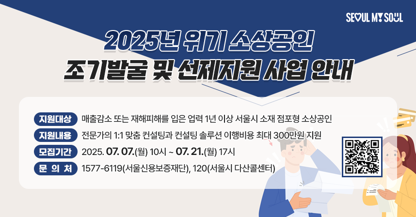 □ 지원대상 : 매출감소 또는 재해피해를 입은 업력 1년 이상 서울시 소재 점포형 소상공인
□ 지원내용 : 전문가의 1:1 맞춤 컨설팅과 컨설팅 솔루션 이행비용 최대 300만원 지원
□ 모집기간 : 2025. 07. 07.(월) 10시 ~ 07. 21.(월) 17시

□ 문 의 처 : 1577-6119(서울신용보증재단), 120(서울시 다산콜센터)