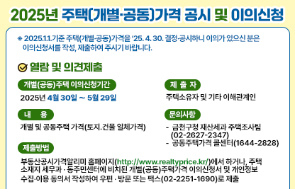 ※□ 첨부 이미지 참조 신규 제작’ 요청 시 기재
  < 제 목 : 2025년 주택(개별·공동)가격 공시 및 이의신청 >
 2025.1.1.기준 주택(개별·공동)가격을 ‘25. 4. 30. 결정‧공시하니    이의가 있으신 분은 이의신청서를 작성․제출하여 주시기 바랍니다.
□ 열람 및 의견제출  
◦개별(공동)주택 이의신청기간 : 2025년 4월 30일 ～ 5월 29일 
◦내  용 : 개별 및 공동주택 가격(토지․건물 일체가격)
◦제출자 : 주택소유자 및 기타 이해관계인 
◦제출방법 
  - 부동산공시가격알리미 홈페이지(http://www.realtyprice.kr/)에서 하거나, 주택 소재지 세무과 · 동주민센터에 비치된 개별(공동)주택가격 이의신청서 및 개인정보 수집‧이용 동의서 작성하여 우편 ‧ 방문 또는 팩스(02-2251-1690)로 제출 
□ 문의사항
  ◦ 금천구청 재산세과 주택조사팀(02-2627-2347)
  ◦ 공동주택가격 콜센터(1644-2828)