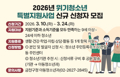 <지원기준>
1.「청소년복지 지원법」제19조제1항에 따른 교육적 선도대상자 중 비행ㆍ일탈 예방을 위하여 지원이 필요한 청소년
2.「학교 밖 청소년 지원에 관한 법률」제2조제2호에 따른 학교 밖 청소년
3.보호자가 없거나 실질적으로 보호자의 보호를 받지 못하는 청소년 (저소득 한부모 가정 포함)
4.사회적ㆍ경제적 요인 등으로 일정 기간 이상 집이나 한정된 공간에서 외부와 단절된 상태로 생활하여 정상적인 생활이 현저히 곤란한 청소년 

<소득기준> 
중위소득 100% 이하, 청소년과 생계 또는 주거를 같이 하는 부모에 대해서만 가구원 소득 인정