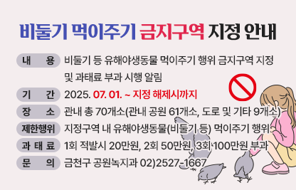 □ 내    용 : 비둘기 등 유해야생동물 먹이주기 행위 금지구역 지정
              및 과태료 부과 시행 알림
□ 기    간 : 2025. 07. 01. ~ 지정 해제시까지
□ 장    소 : 관내 총 70개소(관내 공원 61개소, 도로 및 기타 9개소)
□ 제한행위 : 지정구역 내 유해야생동물(비둘기 등) 먹이주기 행위
□ 과 태 료 : 1회 적발시 20만원, 2회 50만원, 3회 100만원 부과 
□ 문의 : 금천구 공원녹지과 02)2527-1667