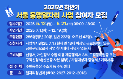 □ 접수기간 : 2025. 5. 12.(월) ~ 5. 21.(수) 09:00~18:00
□ 사업기간 : 2025. 7. 1.(화) ~ 12. 19.(월) 
□ 모집인원 : 286명(청년 20명, 일반 223명, 어르신 43명)
□ 신청자격 : 사업개시일(25. 7. 1.) 현재 만 18세 이상인 근로능력이 있는 금천구민으로서 사업 참여배제 사유가 없는 자
□ 구비서류 
  ○ 신청서, 개인정보 수집·이용·제공동의서 3부, 구직등록필증 또는 구직신청서(신분증 사본 첨부)
  ○ 가점대상자 증명서 : 취업보호·지원대상자, 결혼이주여성, 장애인, 노숙자, 컴퓨터 자격증 소지자 등
  ○ 기타서류 : 재산초과 시 대출증명서(부채증명서), 생계급여 수급권 포기 동의서 등
□ 접 수 처 : 주민등록상 주소지 동 주민센터
□ 문    의 : 일자리청년과 (☎02-2627-2012~2013)
