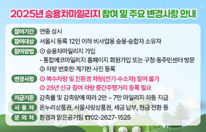 □ 2025년 승용차마일리지 참여 및 주요 변경사항 안내
   ○ 참여기간 : 연중 상시
   ○ 참여대상 : 서울시 등록 12인 이하 비사업용 승용·승합차 소유자
   ○ 참여방법   
    ① 승용차마일리지 가입
     - 통합에코마일리지 홈페이지 회원가입 또는 구청·동주민센터 방문
    ② 차량 번호판·계기판 사진 등록
  ○ 주요 변경사항
    ① 복수차량 및 친환경 차량(전기·수소차) 참여 불가 
    ② 25년 신규 참여 차량 중간주행거리 등록 필요
  ○ 지급기준 : 감축률 및 감축량에 따라 2만 ~ 7만 마일리지 차등 지급
  ○ 사 용 처 : 온누리상품권, 서울사랑상품권, 세금 납부, 현금 전환 등
  ○ 문 의 처 : 환경과 맑은공기팀 ☎02-2627-1525