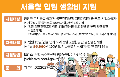 ○ 지원대상 : 금천구 주민등록 등재된 국민건강보험 지역가입자 중 근로‧사업소득자
  ‐ 가구별 기준중위소득 100%이하, 재산 4억 이하
  ‐ 〔입원,검진 전월 포함 이전 3개월간〕+〔입원,검진월 1일부터 입원,검진 직전일까지〕
   24일이상 근로또는 45일이상 개인사업자  (※법인사업자, 임대사업자 제외)
 ○ 지원내용 :
  ‐ 입원 13일(입원 연계 외래 3일 포함), 공단 일반검진 1일
  ‐ 1일 96,960원(‘26년도 서울특별시 생활임금) 연 최대 14일
 ○ 지원방법 : 보건소, 관할 동주민센터 방문신청, 온라인 신청(sickleave.seoul.go.kr)
 ○ 문의: 의약과 (02)2627-2710