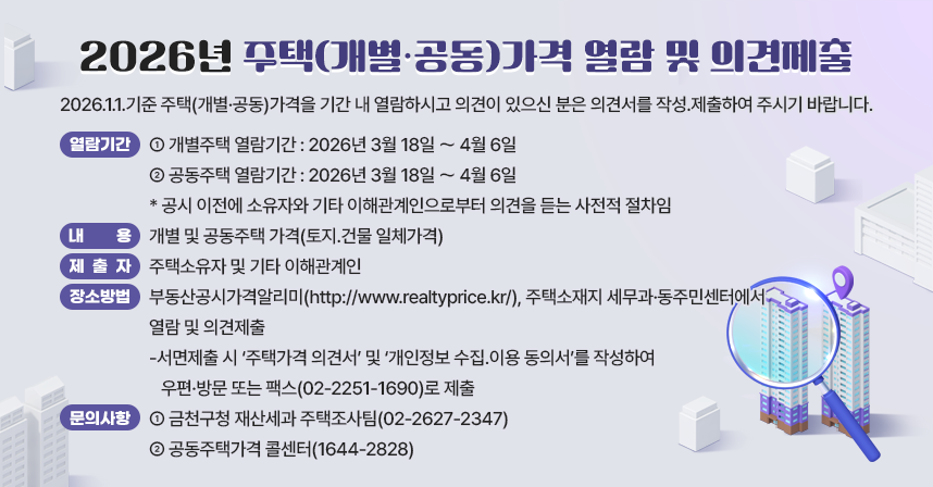 < 제 목 : 2026년 주택(개별·공동)가격 열람 및 의견제출 >
 2026.1.1.기준 주택(개별·공동)가격을 기간 내 열람하시고 의견이 
 있으신 분은 의견서를 작성․제출하여 주시기 바랍니다.
□ 열람 및 의견제출  
◦개별주택 열람기간 : 2026년 3월 18일 ～ 4월 6일 
◦공동주택 열람기간 : 2026년 3월 18일 ～ 4월 6일 
    * 공시 이전에 소유자와 기타 이해관계인으로부터 의견을 듣는 사전적 절차임
◦내  용 : 개별 및 공동주택 가격(토지․건물 일체가격)
◦제출자 : 주택소유자 및 기타 이해관계인 
◦장소 및 방법 : 부동산공시가격알리미(http://www.realtyprice.kr/),  
  주택소재지 세무과·동주민센터에서 열람 및 의견제출
 -서면제출 시 ‘주택가격 의견서’ 및 ‘개인정보 수집․이용 동의서’를 
  작성하여 우편·방문 또는 팩스(02-2251-1690)로 제출 
□ 문의사항
  ◦ 금천구청 재산세과 주택조사팀(02-2627-2347)
  ◦ 공동주택가격 콜센터(1644-2828)