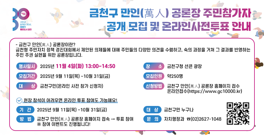 금천구 만인(萬人) 공론장 주민참가자 공개 모집 및 온라인사전투표 안내

※ 금천구 만인(萬人) 공론장이란? 
금천형 주민자치 정책 경진대회에서 제안된 의제들에 대해 주민들의 다양한 의견을 수렴하고, 숙의 과정을 거쳐 그 결과를 반영하는 주민 주권 실현을 위한 공론장입니다.

☐ 행사일시 : 2025년 11월 4일(화) 13:00~14:50
☐ 장    소 : 금천구청 선큰 광장 
☐ 모집기간 : 2025년 9월 11일(목) ~10월 31일(금)
☐ 모집인원 : 약250명
☐ 대    상 : 금천구민(온라인 사전 참가 신청자)
☐ 신청방법 : 금천구 만인(萬人) 공론장 홈페이지 접수
             온라인접수(https://www.gc10000.kr)
 현장 참석이 어려우면 온라인 투표 참여도 가능해요!
☐ 기    간 : 2025년 9월 11일(목) ~10월 31일(금)
☐ 대    상 : 금천구민 누구나                                            ☐ 방    법 : 금천구 만인(萬人) 공론장 홈페이지 접속 → 투표 참여
             ※ 참여 이벤트도 진행됩니다!
☐ 문    의 : 자치행정과  ☎(02)2627-1048