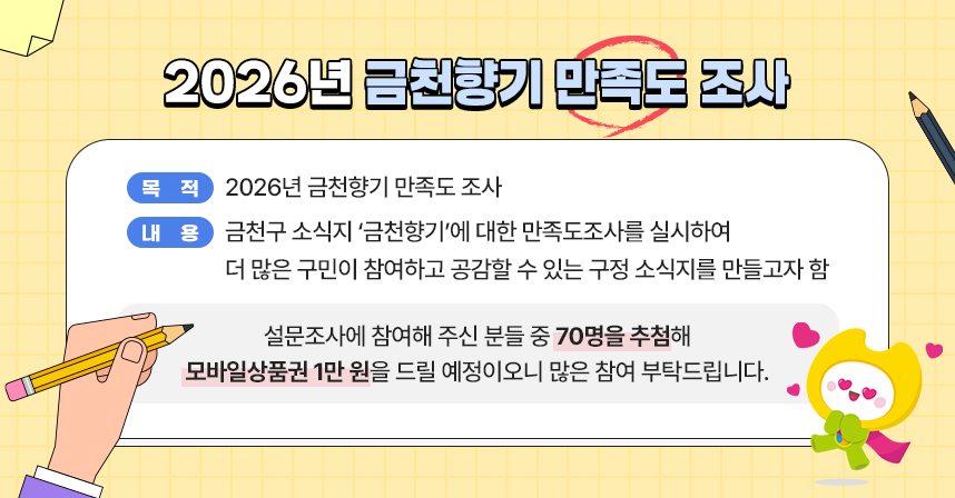 ㅇ 목 적 : 2026년 금천향기 만족도 조사
ㅇ 내 용 : 금천구 소식지 ‘금천향기’에 대한 만족도조사를 실시하여 더 많은 구민이 참여하고 공감할 수 있는 구정 소식지를 만들고자 함

설문조사에 참여해 주신 분들 중 70명을 추첨해 모바일상품권 1만 원을 드릴 예정이오니 많은 참여 부탁드립니다.