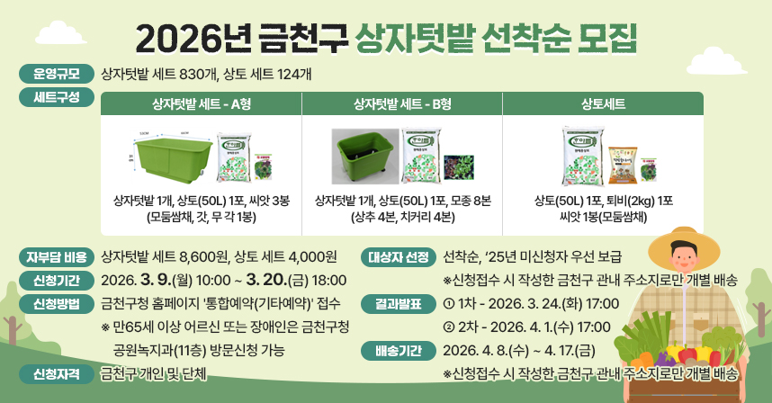 ○ 운영 규모: 상자텃밭 세트 830개, 상토 세트 124개
  ○ 세트 구성 (예시)

상자텃밭 세트
상토세트
A형
B형



상자텃밭 1개, 
상토(50L) 1포, 씨앗 3봉
(모둠쌈채, 갓, 무 각 1봉)
상자텃밭 1개, 
상토(50L) 1포, 모종 8본
(상추 4본, 치커리 4본)
상토(50L) 1포, 
퇴비(2kg) 1포
씨앗 1봉(모둠쌈채)

  ○ 자부담 비용 : 상자텃밭 세트 8,600원, 상토 세트 4,000원
  ○ 신청기간 : 2026. 3. 9.(월) 10:00 ~ 3. 20.(금) 18:00
  ○ 신청방법 : 금천구청 홈페이지 '통합예약(기타예약)' 접수
   ※ 만65세 이상 어르신 또는 장애인은 금천구청 공원녹지과(11층) 방문신청 가능
  ○ 신청자격 : 금천구 개인 및 단체
  ○ 대상자 선정 : 선착순, ‘25년 미신청자 우선 보급
    - 신청접수 시 작성한 금천구 관내 주소지로만 개별 배송
  ○ 결과발표 : 1차-2026. 3. 24.(화) 17:00, 2차-2026. 4. 1.(수) 17:00
  ○ 배송기간 : 2026. 4. 8.(수) ~ 4. 17.(금)
    - 신청접수 시 작성한 금천구 관내 주소지로만 개별 배송