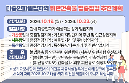 ◆ 제목 : 다중인파밀집지역 위반건축물 집중점검 추진계획 알림◆
  ○ 일시: 2026. 10. 19.(월) ~ 2026.10.23.(금) 
  ○ 대상: 관내 다중인파가 예상되는 상가 밀집지역 
    - 가산동일대 중점점검지역 : 가산디지털단지역 주변 및 인근상업지역
    - 시흥동일대 중점점검지역 : 여울빛거리 및 주변상업지역
    - 독산동일대 중점점검지역 : 독산동 맛나는거리 및 주변상업지역 
  ○ 주요 점검사항
   - 불법증축 등 안전관련 위반행위 (저층부 위반사항 우선조치)
      • (통행방해관련) 무단증축, 용도변경, 건축선침범
      • (피난통로확보) 건축물 내·외부 피난통로 적정확보여부 등
  ○ 상기요청사항과 관련하여 의견을 제출하실경우에는 아래 링크에 첨부된 서식에 따라 2026. 10. 31.(금)까지 의견을 제출하여 주시기 바랍니다.