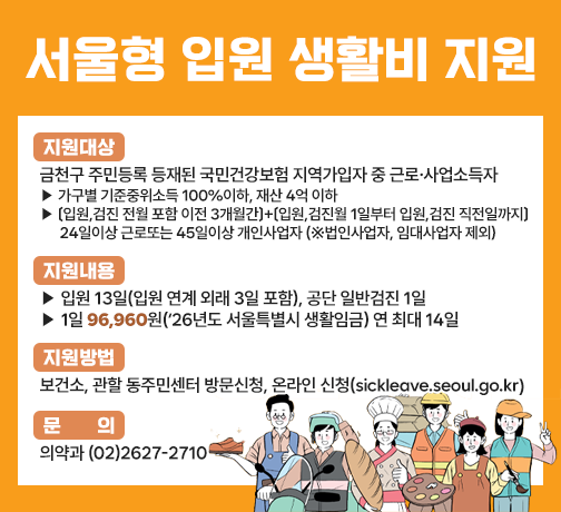 ○ 지원대상 : 금천구 주민등록 등재된 국민건강보험 지역가입자 중 근로‧사업소득자
  ‐ 가구별 기준중위소득 100%이하, 재산 4억 이하
  ‐ 〔입원,검진 전월 포함 이전 3개월간〕+〔입원,검진월 1일부터 입원,검진 직전일까지〕
   24일이상 근로또는 45일이상 개인사업자  (※법인사업자, 임대사업자 제외)
 ○ 지원내용 :
  ‐ 입원 13일(입원 연계 외래 3일 포함), 공단 일반검진 1일
  ‐ 1일 96,960원(‘26년도 서울특별시 생활임금) 연 최대 14일
 ○ 지원방법 : 보건소, 관할 동주민센터 방문신청, 온라인 신청(sickleave.seoul.go.kr)
 ○ 문의: 의약과 (02)2627-2710