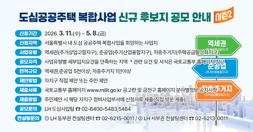 ◆ 제목 : “도심공공주택 복합사업“ 신규 후보지 공모
   ○ 신청기간: 2026. 3. 11(수) ~ 5. 8(금) 
   ○ 신청요건
    - 신청지역: 서울특별시 내 도심 공공주택 복합사업을 희망하는 사업지
    - 사업유형: 역세권(주거상업고밀지구), 준공업(주거산업융합지구), 저층주거지(주택공급활성화지구)
    - 공모자격: 사업유형별 세부입지요건을 만족하는 지역
                     * 관련 요건 및 서식은 국토교통부 홈페이지 참고
    - 면적규모: 역세권,준공업 5천이상, 저층주거지 1만이상
    - 제안방법: 자치구 직접 제안 또는 주민 제안
   ○ 신청방법
    - 제출서류: 국토교통부 홈페이지 www.milit.go.kr 공고란 및 금천구 홈페이지 분야별정보 공지사항
    - 제출방법: 주민제안 시 해당 자치구 정비사업부서에 신청서류 제출(직접 방문 제출)
    - 공모문의: LH 도심사업팀 ☎ 02-6400-5483,5484
     - 컨설팅문의: LH 동부권 컨설팅센터 ☎ 02-6215-0011
                   LH 서부권 컨설팅센터 ☎ 02-6213-0011