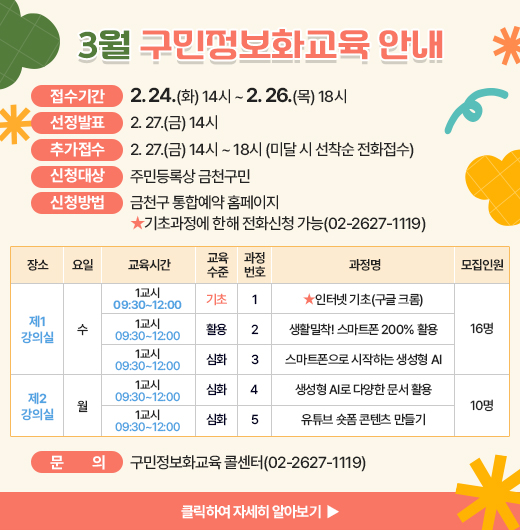 3월 구민 정보화교육 안내
  ○ 접수기간: 2. 24.(화) 14시 ~ 2. 26.(목) 18시
  ○ 선정발표: 2. 27.(금) 14시
  ○ 추가접수: 2. 27.(금) 14시 ~ 18시(미달 시 선착순 전화접수)
  ○ 신청대상: 주민등록상 금천구민
  ○ 신청방법: 금천구 통합예약 홈페이지
      ★기초과정에 한해 전화신청 가능(02-2627-1119)  
  ○ 개설과정

장소
요일
교육시간
교육
수준
과정
번호
과정명
모집
인원
제1
강의실
수
1교시
09:30~12:00
기초
1
★인터넷 기초(구글 크롬)
16명
2교시
13:00~15:30
활용
2
생활밀착! 스마트폰 200% 활용
3교시
15:30~18:00
심화
3
스마트폰으로 시작하는 생성형 AI
제2
강의실
월
1교시
09:30~12:00
심화
4
생성형 AI로 다양한 문서 활용
10명
2교시
13:00~15:30
심화
5
유튜브 숏폼 콘텐츠 만들기

 ○ 교육문의: 구민정보화교육 콜센터(02-2627-1119) 

클릭하여 자세히 알아보기 ▶