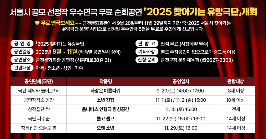 ♥ 무료 연극보세요~~
금천문화회관에서 9월 20일부터 11월 29일까지 기간 중 ‘2025 서울시 찾아가는 유랑극단 운영’ 사업으로 선정된 우수연극 5편을 무료로 주민에게 선보입니다. 

○ 공 연 명 : 「2025 찾아가는 유랑극단」
○ 공연일정 : 2025년 9월 ~ 11월 (작품별 공연일시 상이)
○ 공연장소 : 금천문화회관 공연장 (시흥대로38길 61)
○ 관람대상 : 아동 · 청소년 · 성인 · 가족
○ 관 람 료 : 전석 무료 (사전예약 필수)
○ 기타사항 : 별도 주차공간이 없으므로 대중교통 이용
○ 신청·문의 : 금천구청 문화체육과 (☎2627-2363)

공연단체(극단)
작품명
공연일시
관람대상
극단 제의와 놀이_코티
사랑은 아름다워
9. 20.(토) 
14:00 / 17:00 
8세 이상
공연창작소 공간
소년 간첩
11. 1.(토) / 11. 2.(일)
15:00
10세 이상 
창작집단 싹
옴니버스 인형극 환상공간
11. 15.(토)
15:00
전체
극단 파수꾼
돌고 돌고
11. 22.(토)
15:00 / 18:00
14세 이상
창작집단 오늘도 봄
오랜 소년
11. 29.(토) 
16:00
14세 이상