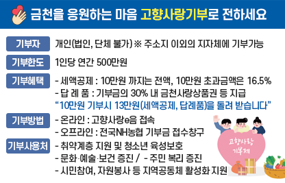 금천을 응원하는 마음 고향사랑기부로 전하세요
□ 기 부 자 : 개인(법인, 단체 불가) ※ 주소지 이외의 지자체에 기부가능
□ 기부한도 : 1인당 연간 500만원   
□ 기부혜택 : 
  - 세액공제 : 10만원 까지는 전액, 10만원 초과금액은 16.5%
  - 답 례 품 : 기부금의 30% 내 금천사랑상품권 등 지급
   “10만원 기부시 13만원(세액공제, 답례품)을 돌려 받습니다”           
□ 기부방법
  - 온라인 : 고향사랑e음 접속
  - 오프라인 : 전국NH농협 기부금 접수창구
□ 기부사용처 
  - 취약계층 지원 및 청소년 육성보호
  - 문화‧예술‧보건 증진
  - 주민 복리 증진
  - 시민참여, 자원봉사 등 지역공동체 활성화 지원