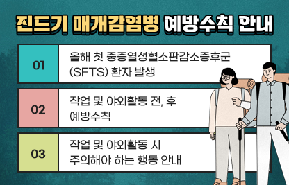 1. 올해 첫 중증열성혈소판감소증후군(SFTS) 환자 발생
2. 작업 및 야외활동 전, 후 예방수칙
3. 작업 및 야외활동 시 주의해야 하는 행동 안내