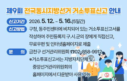 □ 제9회 전국동시지방선거 거소투표신고 안내

  ○ 신고기간 : 2026. 5. 12. ~ 5. 16.(5일간)
  
  ○ 신고방법 : 구청, 동주민센터에 비치되어 있는 거소투표신고서를 작성하여 주민등록지 구․시․군의 장에게 직접신고, 
                무료우편 및 인터넷홈페이지로 제출
              
  ○ 문    의 : 금천구 선거관리위원회 ☎02-858-9912
     
    ※거소투표신고서는 지방자치단체 및 중앙선거관리위원회의 
      홈페이지에서 다운받아 사용 가능