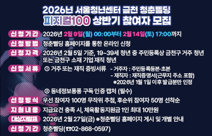○ 신청기간 : 2026년 2월 9일(월) 00:00부터 2월 14일(토) 17:00까지
 ○ 신청방법 : 청춘삘딩 홈페이지를 통한 온라인 신청
 ○ 신청자격 : 2026년 2월 5일 기준, 19~39세 청년 중
   - 주민등록상 금천구 거주 청년 또는
   - 금천구 소재 기업 재직 청년
 ○ 신청서류
  ① 거주 또는 재직 증빙서류
   - 거주자 : 주민등록등본·초본
   - 재직자 : 재직증명서(근무지 주소 포함)
     ※2026년 1월 1일 이후 발급분만 인정
  ② 동네정보퐁퐁 구독 인증 캡처 (필수)
 ○ 선정방식 : 우선 참여자 100명 무작위 추첨, 후순위 참여자 50명 선착순
 ○ 지원내용 : 지급요건 충족 시, 체육활동지원금 1인 최대 10만원
 ○ 대상자 발표 : 2026년 2월 27일(금) ※청춘삘딩 홈페이지 게시 및 개별 안내
 ○ 문의사항 : 청춘삘딩(☎02-868-0597)