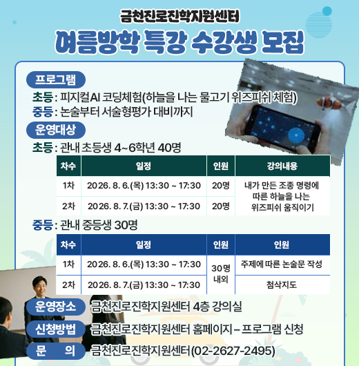 □ 프로그램 개요
   ❍ 프로그램
    - 초등 : 피지컬AI 코딩체험(하늘을 나는 물고기 위즈피쉬 체험)
    - 중등 : 논술부터 서술형평가 대비까지
   ❍ 운영대상
    - 초등 : 관내 초등생 4~6학년 40명
 
차수
일정
인원
강의내용
1차
2026. 8. 6.(목) 13:30 ~ 17:30
20명
내가 만든 조종 명령에 따른 하늘을 나는 위즈피쉬 움직이기
2차
2026. 8. 7.(금) 13:30 ~ 17:30
20명

    - 중등 : 관내 중등생 30명
 
차수
일정
인원
강의내용
1차
2026. 8. 4.(화) 14:00 ~ 16:00
30명내외
주제에 따른 논술문 작성
2차
2026. 8. 5.(수) 14:00 ~ 16:00
첨삭지도

  
  ❍ 운영장소 : 금천진로진학지원센터 4층 강의실
  ❍ 신청방법 : 금천진로진학지원센터 홈페이지 – 프로그램 신청

 □ 문 의 : 금천진로진학지원센터(02-2627-2495)