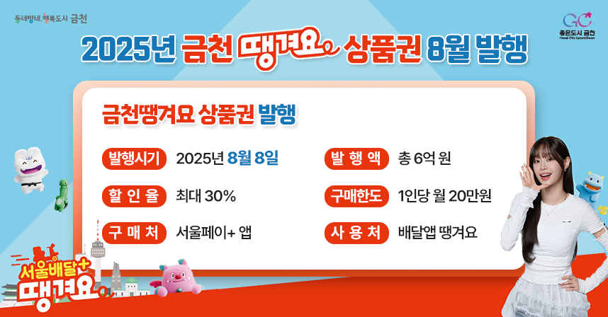○ 상품권 발행- 명칭: 금천땡겨요상품권 발행- 발행시기: 2025년 8월 8일- 발행액:  총 6억 원- 할인율: 최대 30%
- 구매한도: 1인당 월 20만원- 구매처: 서울페이+ 앱
- 사용처: 배달앱 땡겨요