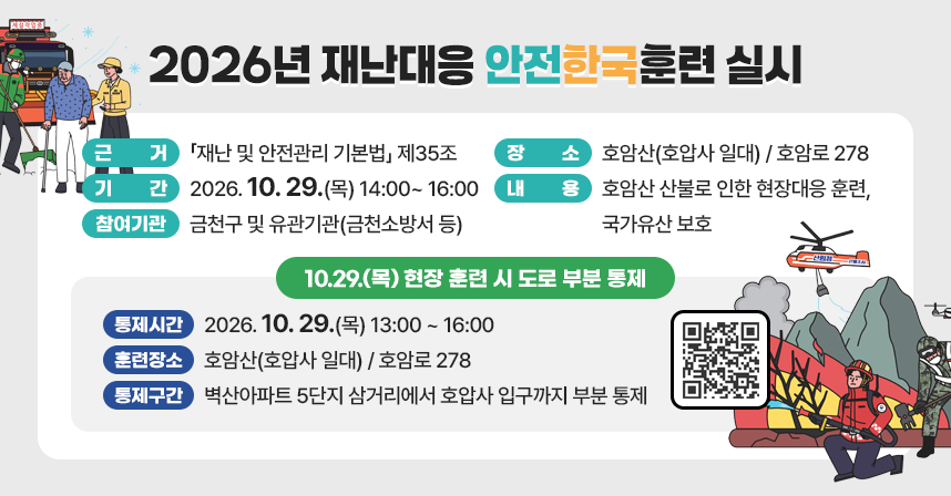◆ 2026년 재난대응 안전한국훈련 실시 ◆
  ○ 근거 : 「재난 및 안전관리 기본법」 제35조
  ○ 기간 : 2026. 10. 29.(목) 14:00~ 16:00
  ○ 참여기관 : 금천구 및 유관기관(금천소방서 등)
  ○ 장소 : 호암산(호압사 일대) / 호암로 278
  ○ 내용 : 호암산 산불로 인한 현장대응 훈련, 국가유산 보호 
     
<10.29.(목) 현장 훈련 시 도로 부분 통제>
◆ 통제시간 : 2026. 10. 29.(목) 13:00 ~ 16:00
◆ 훈련장소 : 호암산(호압사 일대) / 호암로 278
◆ 통제구간 : 벽산아파트 5단지 삼거리에서 호압사 입구까지 부분 통제
