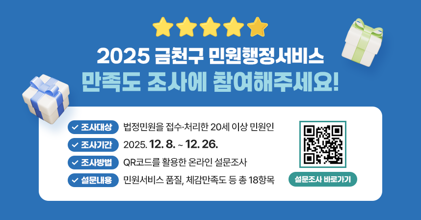 ○ 조사대상 : 법정민원을 접수·처리한 20세 이상 민원인
 ○ 조사기간 : 2025. 12. 8. ~ 12. 26. 
 ○ 조사방법 : QR코드를 활용한 온라인 설문조사
 ○ 설문내용 : 민원서비스 품질, 체감만족도 등 총 18항목