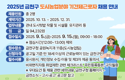 ○ 채용인원 : 총 2명
○ 채용조건
  - 계약기간 : 2025. 10. 13. ~ 2025. 12. 31.
  - 업무내용 : 관내 도시텃밭 작물 및 시설물  유지관리 등
  - 임    금 : 일 94,232원
○ 서류접수 안내
  - 접수일시 : 2025. 9. 5.(금)-2025. 9. 15.(월), 09:00 - 18:00
    ※ 점심시간(12:00~13:00) 제외
  - 접수장소 : 금천구청 공원녹지과 11층(도시농업팀)
  - 신청자격 : 공고일 기준 만 18세 이상의 근로능력이 있는 금천구민
  - 필수 제출서류 : 응시원서, 개인정보 수집‧이용 및 제3자 제공 동의서, 비위면직자등 취업제한 관련 체크리스트, 주민등록등본, 구직필증
  ※ 우대요건 등 채용 관련 세부내용 ‘금천구청 홈페이지 – 금천소식 – 고시·공고’ 공고문 참고