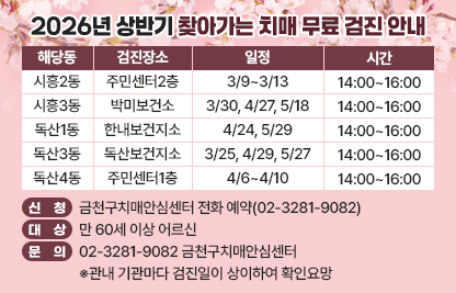 □ 제목: 2026년 상반기 찾아가는 치매 무료 검진 안내 
□ 일정

해당동
검진장소
일정
시간
시흥2동
주민센터2층
3/9~3/13
14:00~16:00
시흥3동
박미보건소
3/30, 4/27, 5/18
14:00~16:00
독산1동
한내보건지소
4/24, 5/29
14:00~16:00
독산3동
독산보건지소
3/25, 4/29, 5/27
14:00~16:00
독산4동
주민센터1층
4/6~4/10
14:00~16:00

□ 신청: 금천구치매안심센터 전화 예약(02-3281-9082)
□ 대상: 만 60세 이상 어르신 
□ 문의: 02-3281-9082 금천구치매안심센터  
   ※관내 기관마다 검진일이 상이하여 확인요망