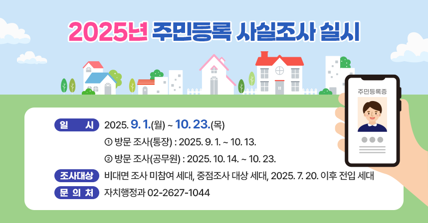 ◆ 제목 : 2025년 주민등록 사실조사 실시 ◆
     ○ 일시: 2025. 9. 1.(월) ~ 10. 23.(목) 
        - 방문 조사(통장) : 2025. 9. 1. ~ 10. 13.
        - 방문 조사(공무원) : 2025. 10. 14. ~ 10. 23.
     ○ 조사 대상 : 비대면 조사 미참여 세대, 중점조사 대상 세대
                   2025. 7. 20. 이후 전입 세대
     ○ 문의처 : 자치행정과 02-2627-1044