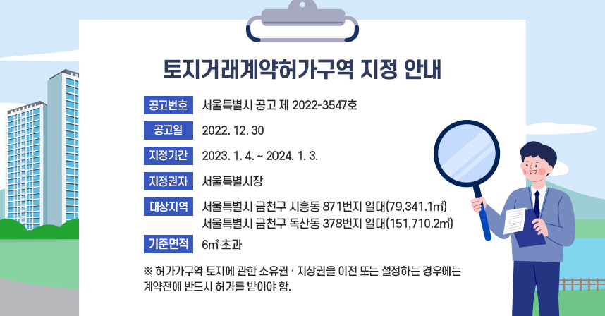 ◆ 토지거래계약허가구역 지정 안내
     ○ 공고번호 : 서울특별시 공고 제 2022-3547호
     ○ 공 고 일 : 2022. 12. 30.
     ○ 지정기간 : 2023. 1. 4. ~ 2024. 1. 3.
     ○ 지정권자 : 서울특별시장
     ○ 대상지역 : 서울특별시 금천구 시흥동 871번지 일대(79,341.1㎡)
                  서울특별시 금천구 독산동 378번지 일대(151,710.2㎡)
     ○ 기준면적 : 6㎡ 초과

 ※ 허가가구역 토지에 관한 소유권 · 지상권을 이전 또는 설정하는 경우      에는 계약전에 반드시 허가를 받아야 함.