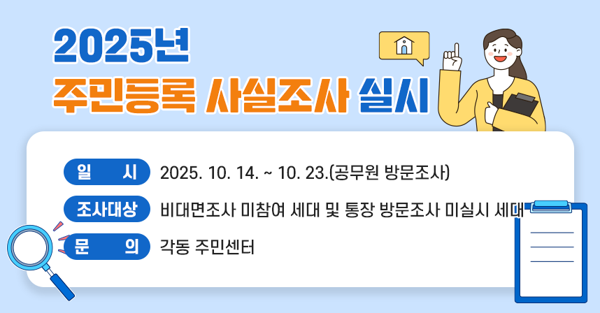 ◆ 제목 : 2025년 주민등록 사실조사 실시 ◆
     ○ 일시: 2025. 10. 14. ~ 10. 23.(공무원 방문조사)
     ○ 조사 대상 : 비대면조사 미참여 세대 및 통장 방문조사 미실시 세대 
     ○ 문의처 : 각동 주민센터