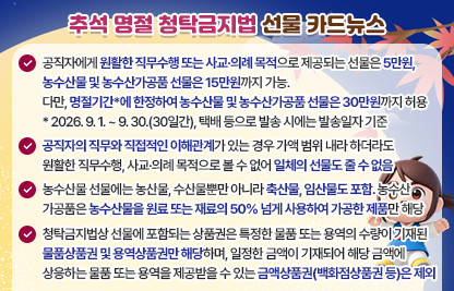 < 카드뉴스 주요내용 >
 ○ 공직자에게 원활한 직무수행 또는 사교·의례 목적으로 제공되는 선물은 5만원, 농수산물 및 농수산가공품 선물은 15만원까지 가능. 다만, 명절기간*에 한정하여 농수산물 및 농수산가공품 선물은 30만원까지 허용
  * 2026. 9. 1. ~ 9. 30.(30일간), 택배 등으로 발송 시에는 발송일자 기준
 ○ 공직자의 직무와 직접적인 이해관계가 있는 경우 가액 범위 내라 하더라도 원활한 직무수행, 사교·의례 목적으로 볼 수 없어 일체의 선물도 줄 수 없음 
 ○ 농수산물 선물에는 농산물, 수산물뿐만 아니라 축산물, 임산물도 포함. 농수산가공품은 농수산물을 원료 또는 재료의 50% 넘게 사용하여 가공한 제품만 해당
 ○ 청탁금지법상 선물에 포함되는 상품권은 특정한 물품 또는 용역의 수량이 기재된 물품상품권 및 용역상품권만 해당하며, 일정한 금액이 기재되어 해당 금액에 상응하는 물품 또는 용역을 제공받을 수 있는 금액상품권(백화점상품권 등)은 제외