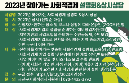 2023년 찾아가는 사회적경제 설명회&상시상담
사업명 : 2023년 찾아가는 사회적경제 설명회 &상시 상담
일 시 : 2023년 상시 (선착순 마감)
장 소 :신청자가 원하는 장소 및 코로나 상황에 따라 온라인 (ZOOM)진행
대 상
-사회적경제기업의 설립을 준비하는 예비창업자(단체)
-지역기반의 사업모델을 준비하는 주민공동체, 주민모임
-사회적경제기업으로 전환을 준비하는 지역 중소기업,소상공인,주민 누구나 이용 가능
내 용
-신청자를 찾아가는 맞춤형 사회적경제 설명회,교육,상담,멘토링
-사회적경제 기업 설립 및 운영에 대한 개별 상담,멘토링
-사업 아이디어 발굴 및 비즈니스 모델 수립 멘토링
- (예비)사회적 기업 인.지정 신청, (예비)마을기업 지정 신청 상담
-기타 신청자가 요청한 사회적경제 관련 분야 설명 및 상담 등
접수 : 구글 접수  https://bit.ly/2023사경상담
문의 : 금천구사회적경제지원센터 070-4432-3792