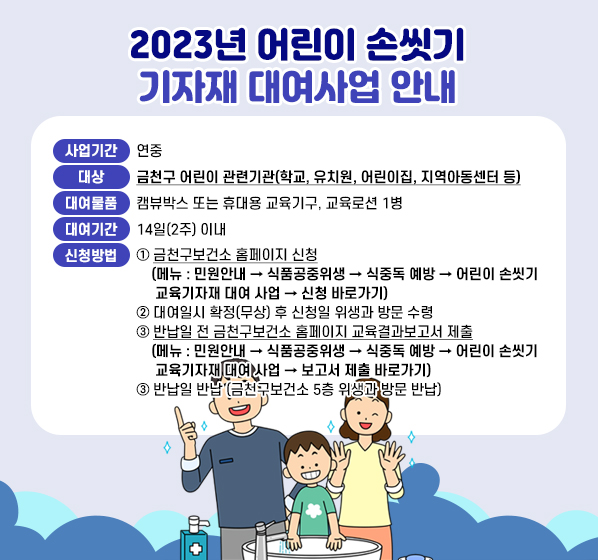 2023년 어린이 손씻기 기자재 대여사업 안내
□ 사업기간 : 연중
□ 대    상 : 금천구 어린이 관련기관(학교, 유치원, 어린이집, 지역아동센터 등)
□ 대여물품: : 캠뷰박스 또는 휴대용 교육기구, 교육로션 1병
□ 대여기간 : 14일(2주) 이내 
□ 신청방법
    ① 금천구보건소 홈페이지 신청
       〔 메뉴 : 민원안내 → 식품공중위생 → 식중독 예방 → 어린이 손씻기 교육기자재 대여 사업 → 신청 바로가기 〕
    ② 대여일시 확정(무상) 후 신청일 위생과 방문 수령
    ③ 반납일 전 금천구보건소 홈페이지 교육결과보고서 제출
       〔 메뉴 : 민원안내 → 식품공중위생 → 식중독 예방 → 어린이 손씻기 교육기자재 대여 사업 → 보고서 제출 바로가기 〕 
    ③ 반납일 반납 (금천구보건소 5층 위생과 방문 반납)