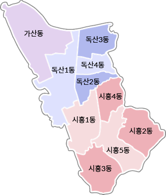 왼쪽 위부터 가산동, 독산1동, 독산3동, 독산4동, 독산2동, 시흥1동, 시흥4동, 시흥3동, 시흥5동, 시흥2동으로 이루어진 금천구 지도